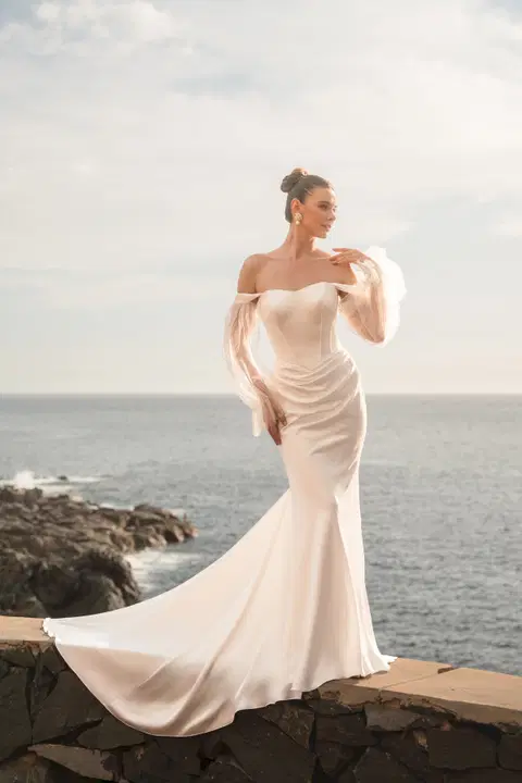 Style 1953 wedding dress by Diane Legrand, fit & flare, stretch satin