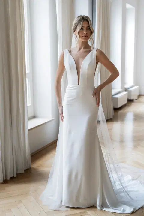 Levi wedding dress by Fan Xia, fit & flare, satin