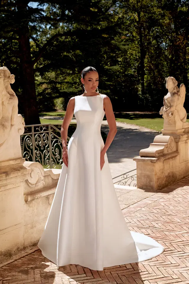 44576 by Sincerity Bridal: A-Line silhouette, boat neck neckline, sleeveless, satin