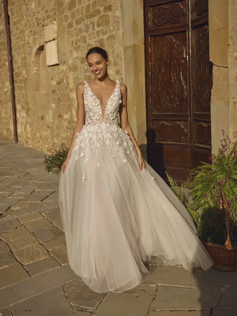 Galina by Modeca Bridal: A-Line silhouette, V-neck neckline, lace, sweep / brush train