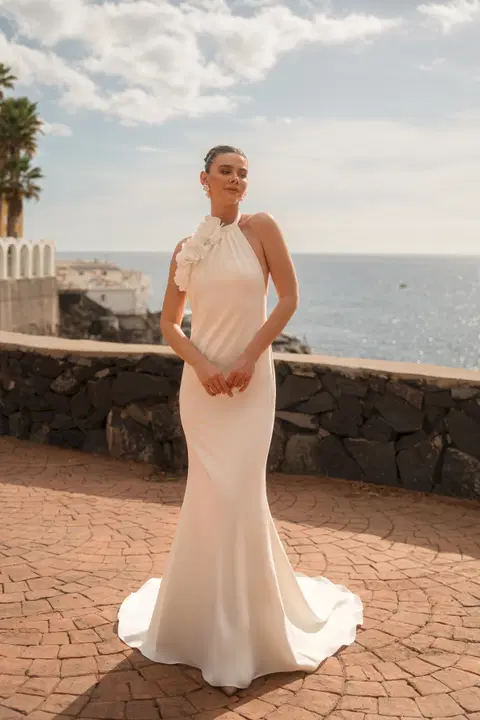 Style 1954 wedding dress by Diane Legrand, fit & flare, crepe