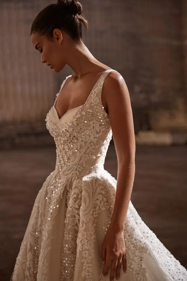 Idalia by Milla Nova: A-Line silhouette, sweetheart neckline, glittery fabric