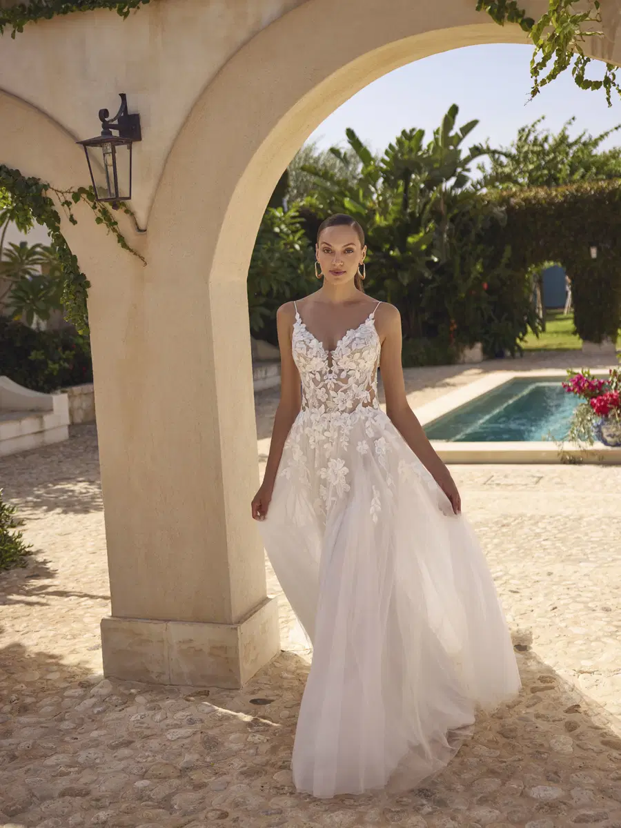 Galaxy by Modeca Bridal: A-Line silhouette, V-neck neckline, lace, chapel train