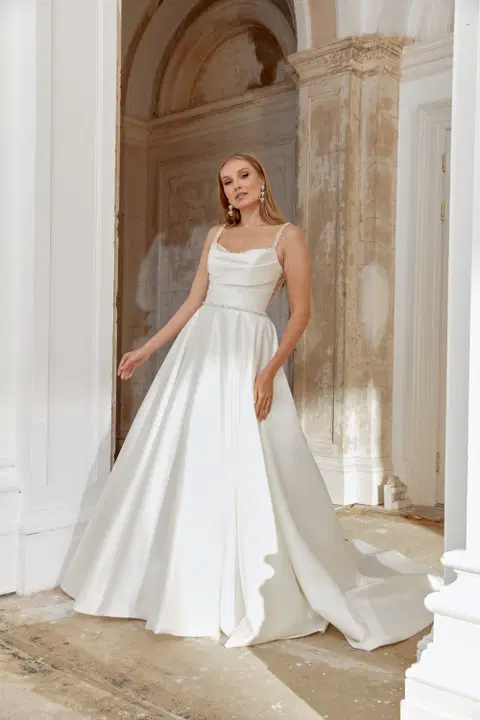 Style 44549 wedding dress by Sincerity Bridal, A-line, mikado