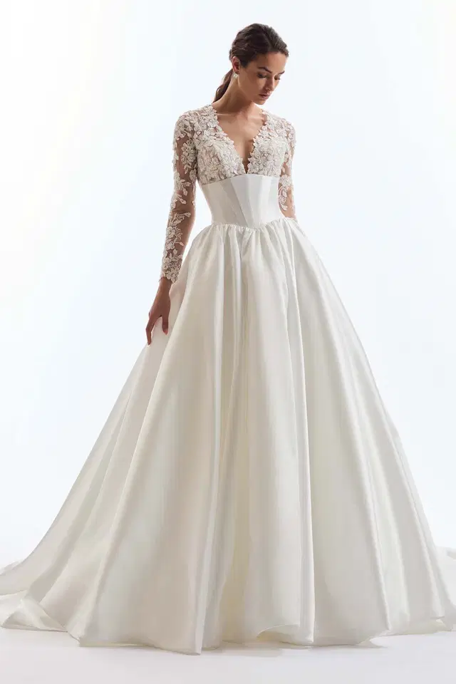 AM67 by Demetrios: Ball Gown silhouette, V-neck neckline, long sleeves, lace