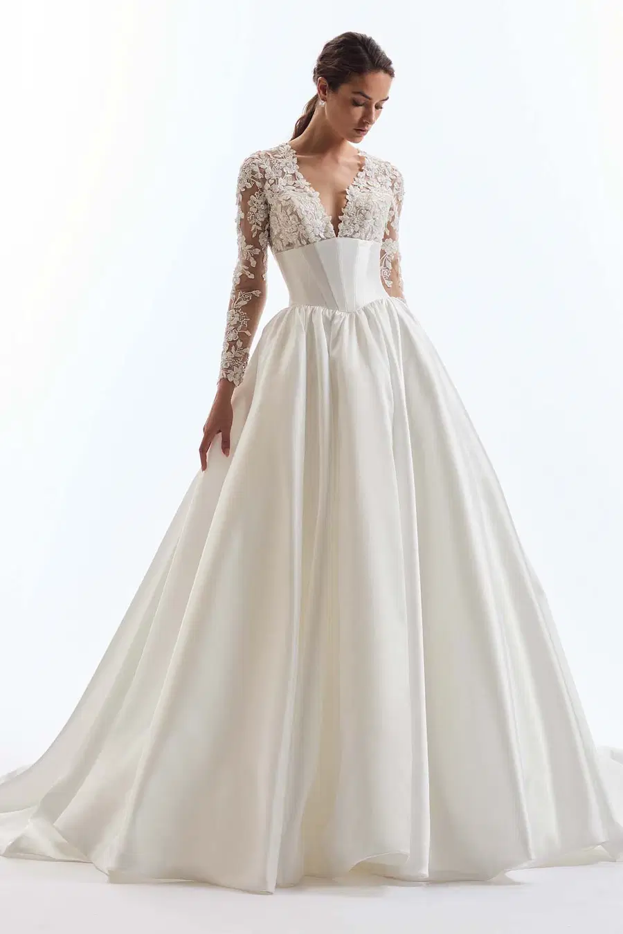 AM67 by Demetrios: Ball Gown silhouette, V-neck neckline, long sleeves, lace