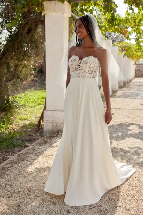 Style 66393 wedding dress by Lillian West, A-line, satin
