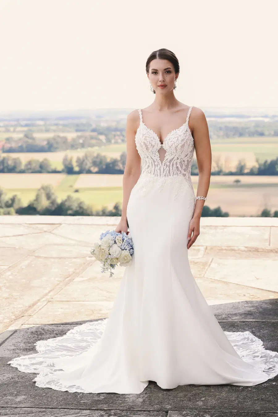 Coco by Amo & Luv: Trumpet silhouette, deep V-neck neckline, sleeveless, lace