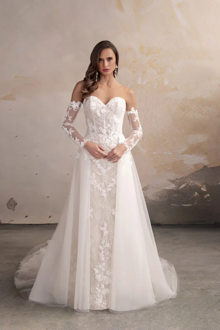 Cecilia by Donna Salado Couture: Fit & Flare silhouette, sweetheart neckline, separate sleeves, lace
