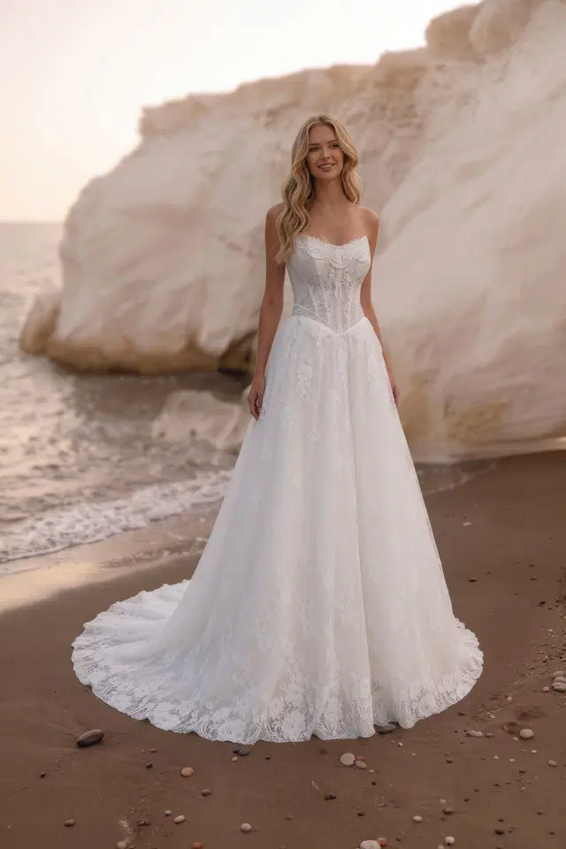 A140 Aurora by Aveline: A-Line silhouette, cat eye neckline, sleeveless, lace