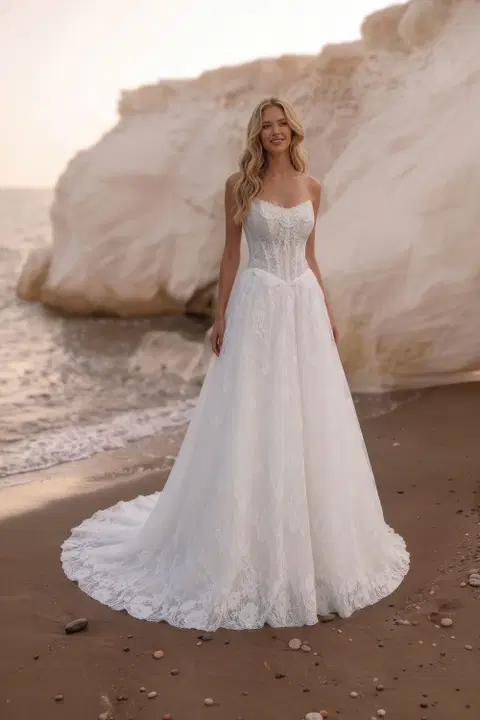 A140 Aurora wedding dress by Aveline, A-line, lace