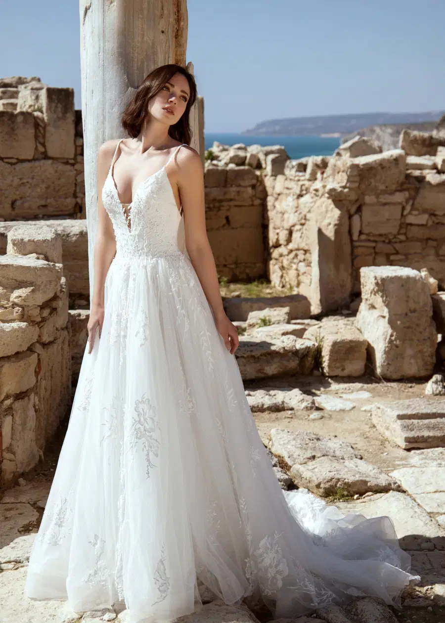 Valencia by Dando London: Ball Gown silhouette, V-neck neckline, sleeveless, lace