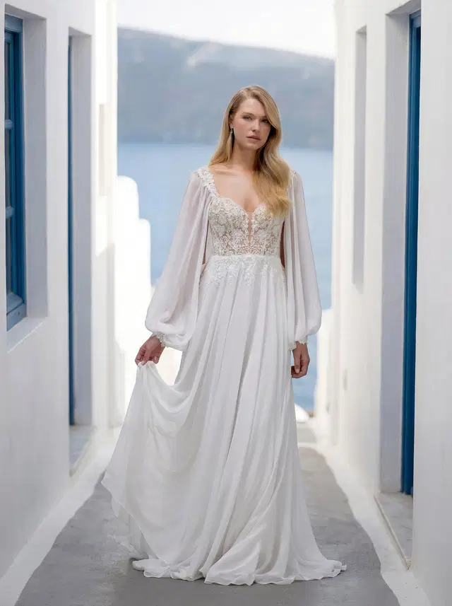 Théline 1010095 by Mori Lee: A-Line silhouette, deep V-neck neckline, long sleeves, lace