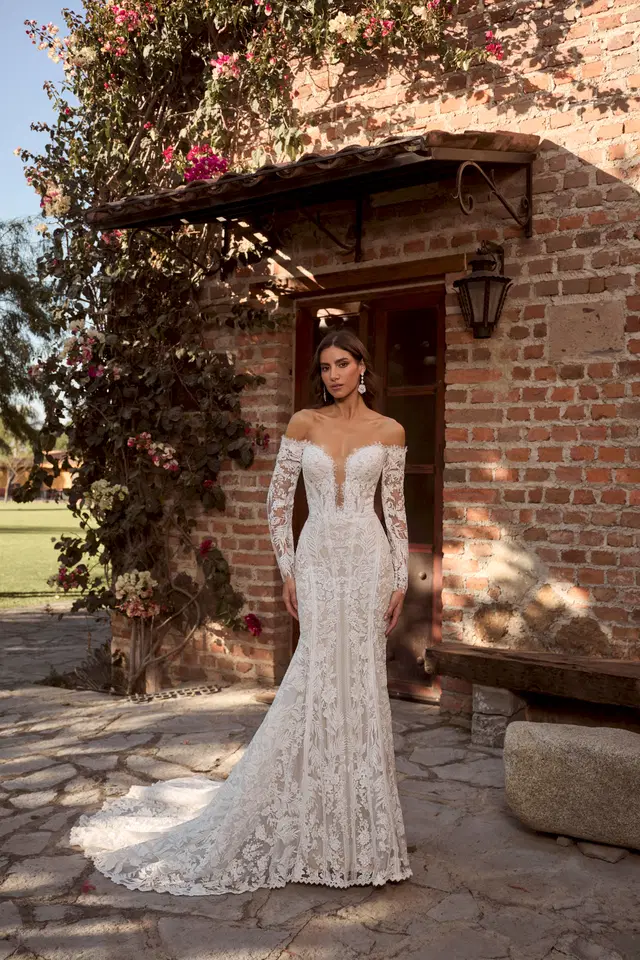 LP2431 Charisma by Calla Blanche: Mermaid silhouette, deep V-neck neckline, long sleeves, lace