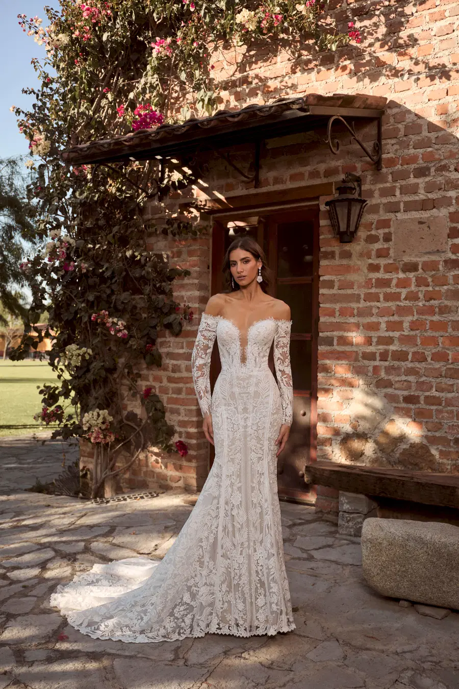 LP2431 Charisma by Calla Blanche: Mermaid silhouette, deep V-neck neckline, long sleeves, lace