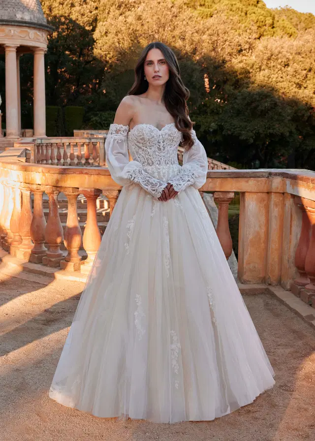 LINA by Serravalle: Ball Gown silhouette, sweetheart neckline, long sleeves, lace