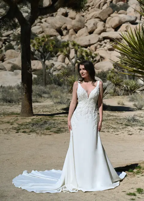 Irvine wedding dress by Dando London, A-line, crepe