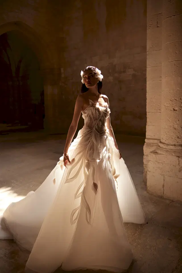 Ginette Leclerc by Innocentia Divina: Ball Gown silhouette, straight neckline, sleeveless, organza