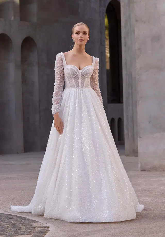Alethea by Mori Lee: A-Line silhouette, long sleeves, satin