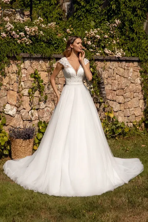 Style 1074+8009 wedding dress by Angela Bianca, lace, V-neck