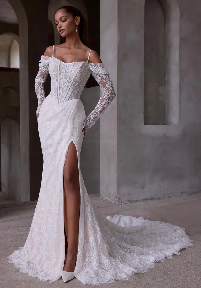 Leto by Mori Lee: Fit & Flare silhouette, scoop neckline, long sleeves, lace