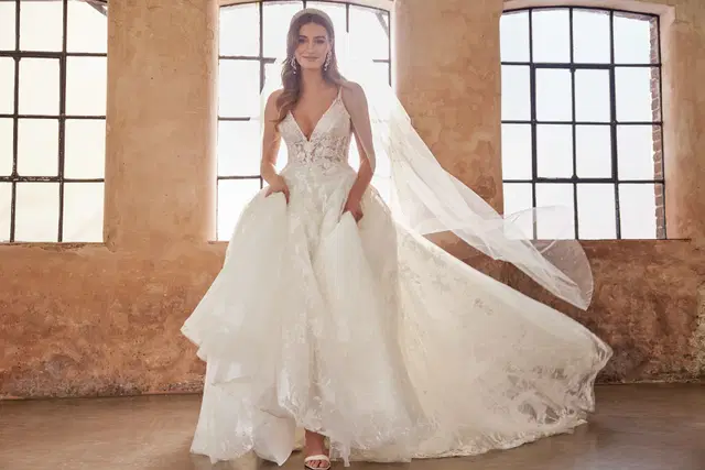 Mia by Josephine Scott: Ball Gown silhouette, V-neck neckline, sleeveless, lace