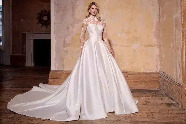 Bridgette by Josephine Scott: A-Line silhouette, straight neckline, long sleeves, mikado