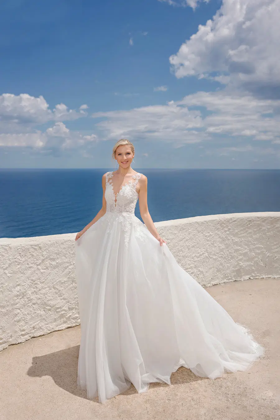 B2410 by Amera Vera: A-Line silhouette, deep V-neck neckline, sleeveless, tulle