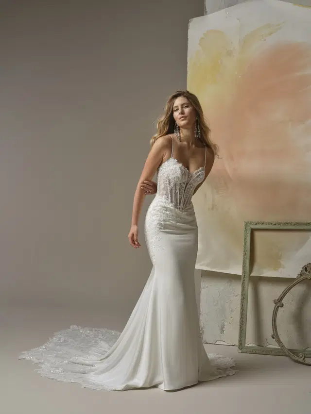 India by Maggie Sottero: Fit & Flare silhouette, square neckline, crepe