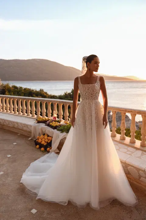 Style 8275 wedding dress by Demetrios, A-line, lace