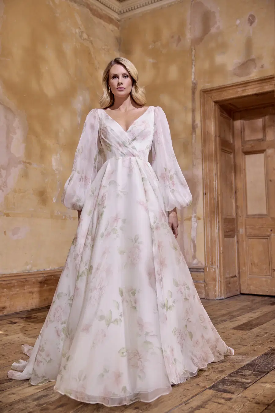 Primrose by Josephine Scott: A-Line silhouette, V-neck neckline, long sleeves, organza