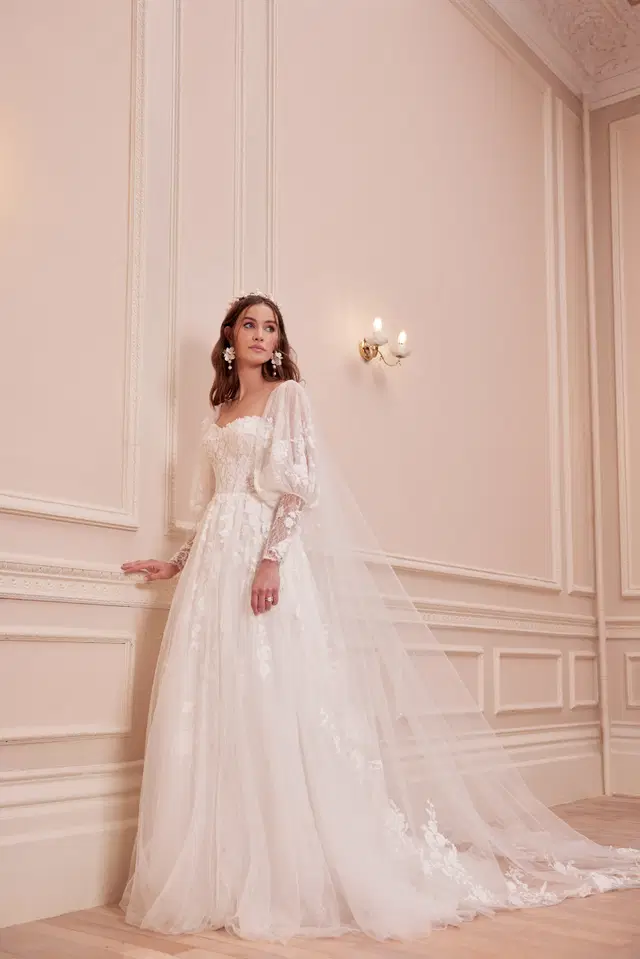 Charlotte by Josephine Scott: A-Line silhouette, sweetheart neckline, long sleeves, tulle