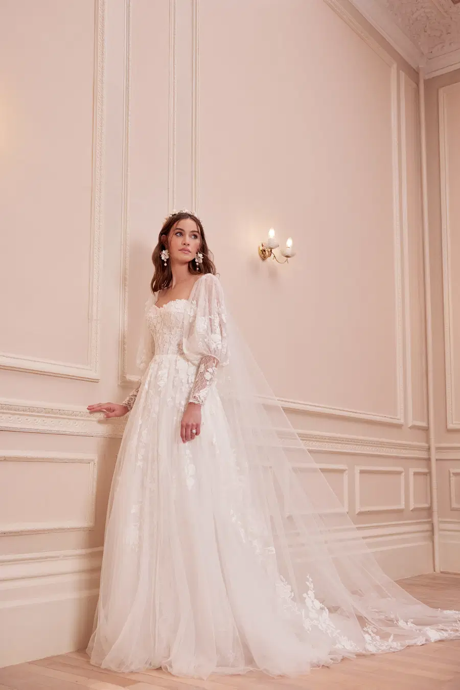 Charlotte by Josephine Scott: A-Line silhouette, sweetheart neckline, long sleeves, tulle
