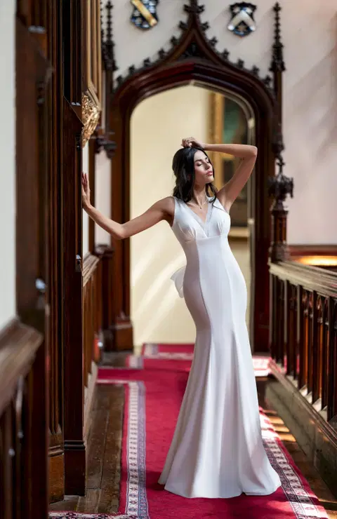Style RB4232 wedding dress by Rachel Allan, trumpet, crepe