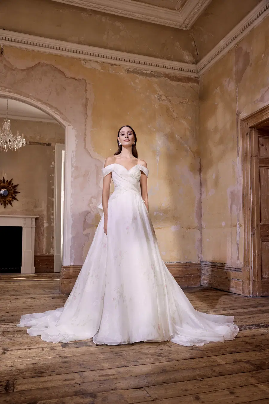 Geneveive by Josephine Scott: A-Line silhouette, off-shoulder neckline, sleeveless, organza