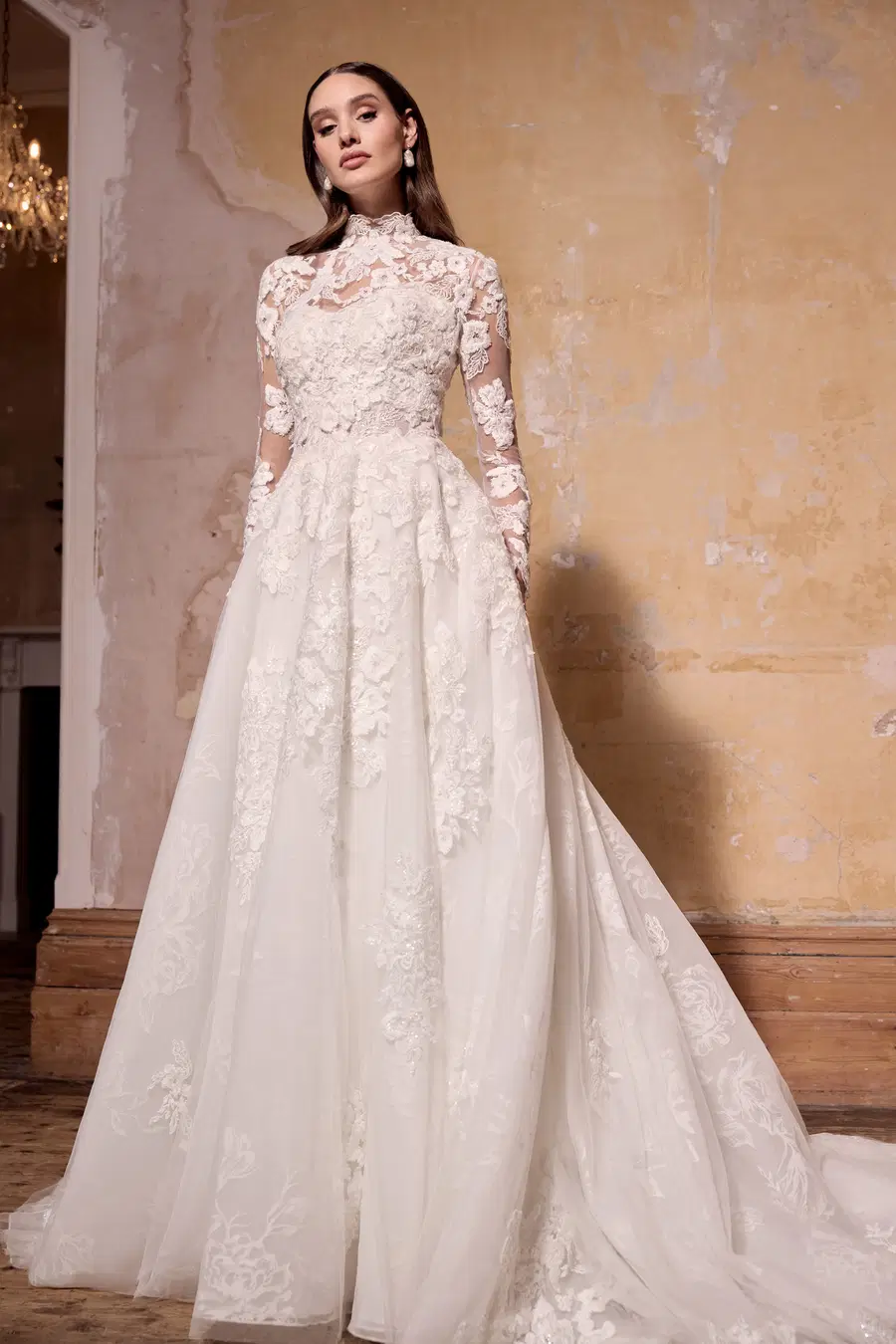 Louisa by Josephine Scott: A-Line silhouette, sweetheart neckline, long sleeves, lace