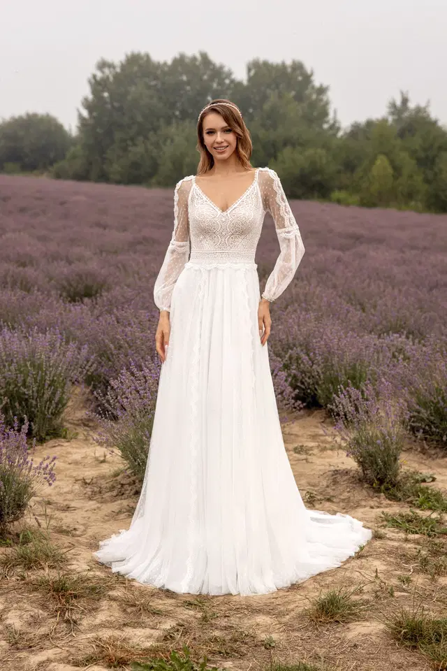 1060 by Angela Bianca: A-Line silhouette, scoop neckline, long sleeves, lace