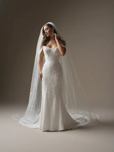 Thera wedding dress by Maggie Sottero, fit & flare, crepe