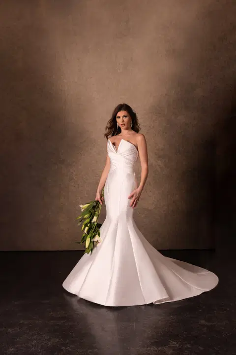 Style RB5106 wedding dress by Rachel Allan, fit & flare, mikado