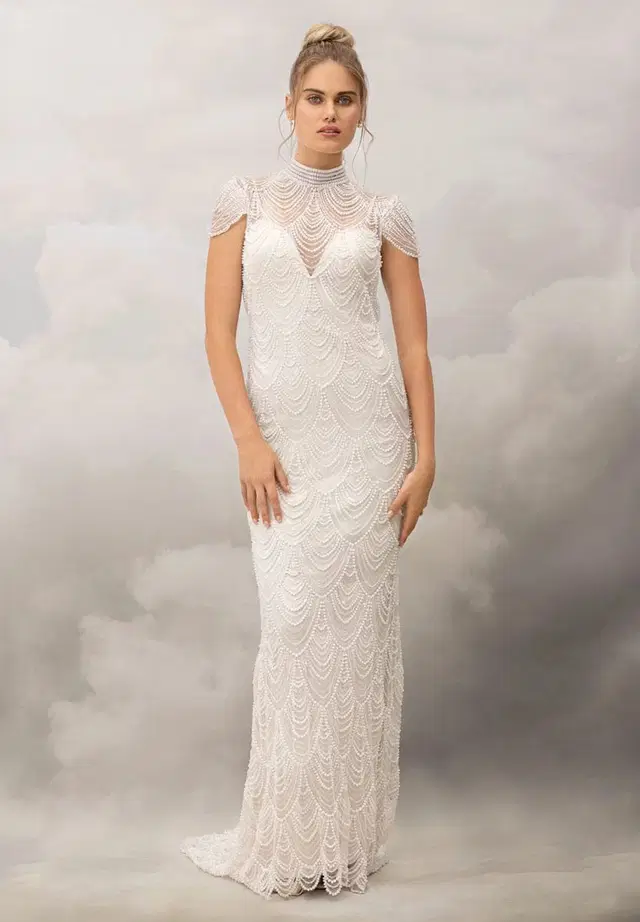 Anya Gown by Catherine Deane: Trumpet silhouette, high / halter neckline, cap sleeves, tulle