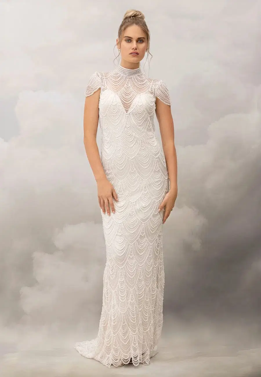 Anya Gown by Catherine Deane: Trumpet silhouette, high / halter neckline, cap sleeves, tulle