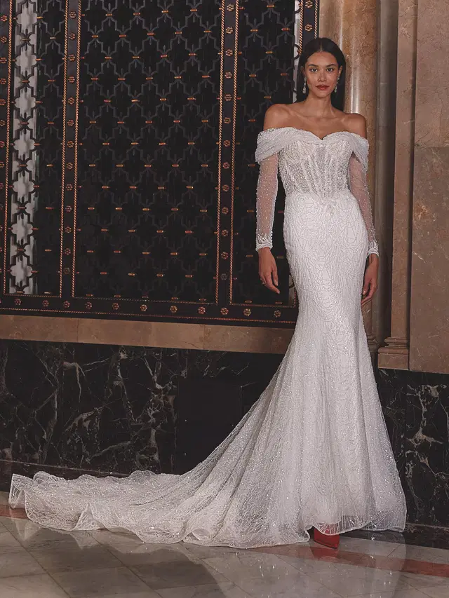 DP533 by Demetrios: Mermaid silhouette, sweetheart neckline, long sleeves, tulle