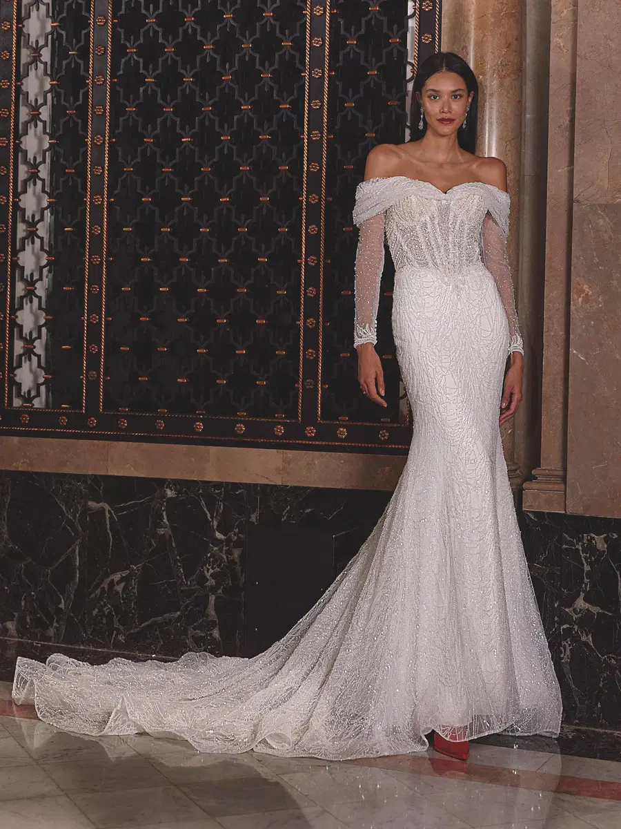 DP533 by Demetrios: Mermaid silhouette, sweetheart neckline, long sleeves, tulle