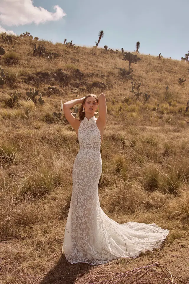 LP2551 Rain by Calla Blanche: Trumpet silhouette, high / halter neckline, sleeveless, lace