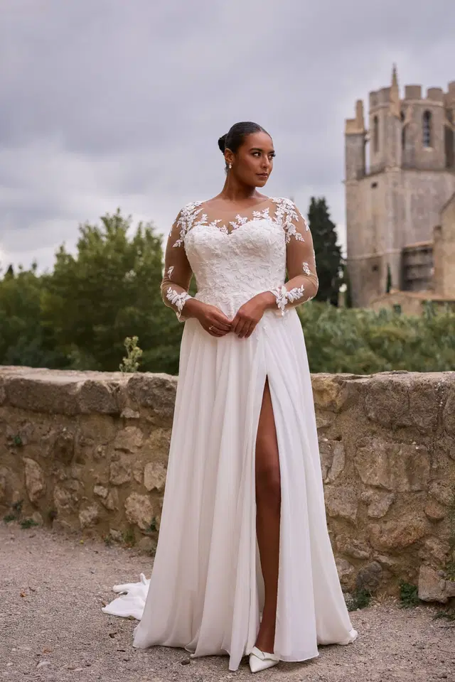 27329 by Très Chic: A-Line silhouette, illusion neckline, long sleeves, chiffon