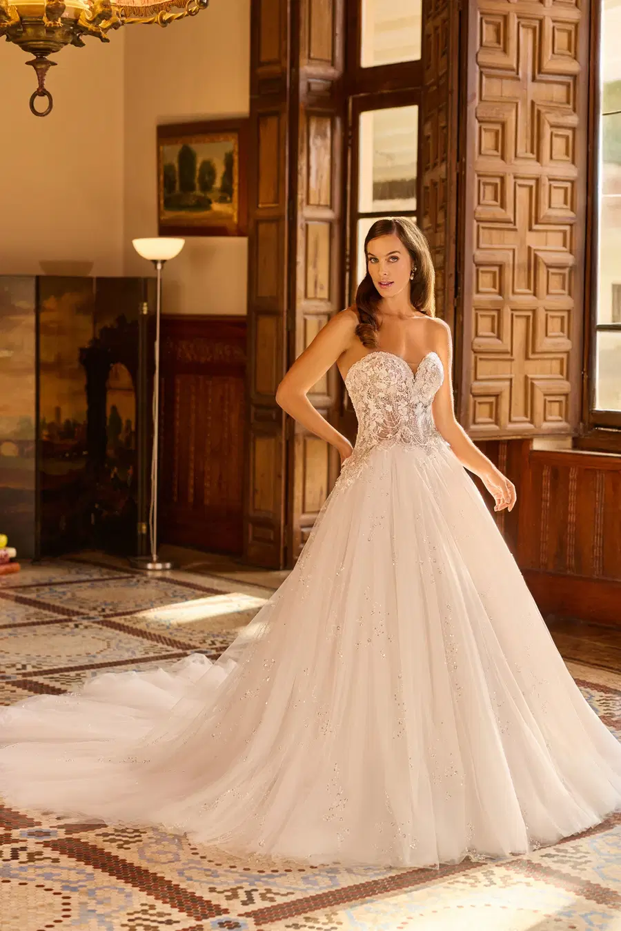 8363 by Monica Loretti: Ball Gown silhouette, sweetheart neckline, sleeveless, lace