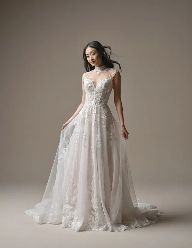 Cody by Rebecca Ingram: A-Line silhouette, high / halter neckline, cap sleeves, lace