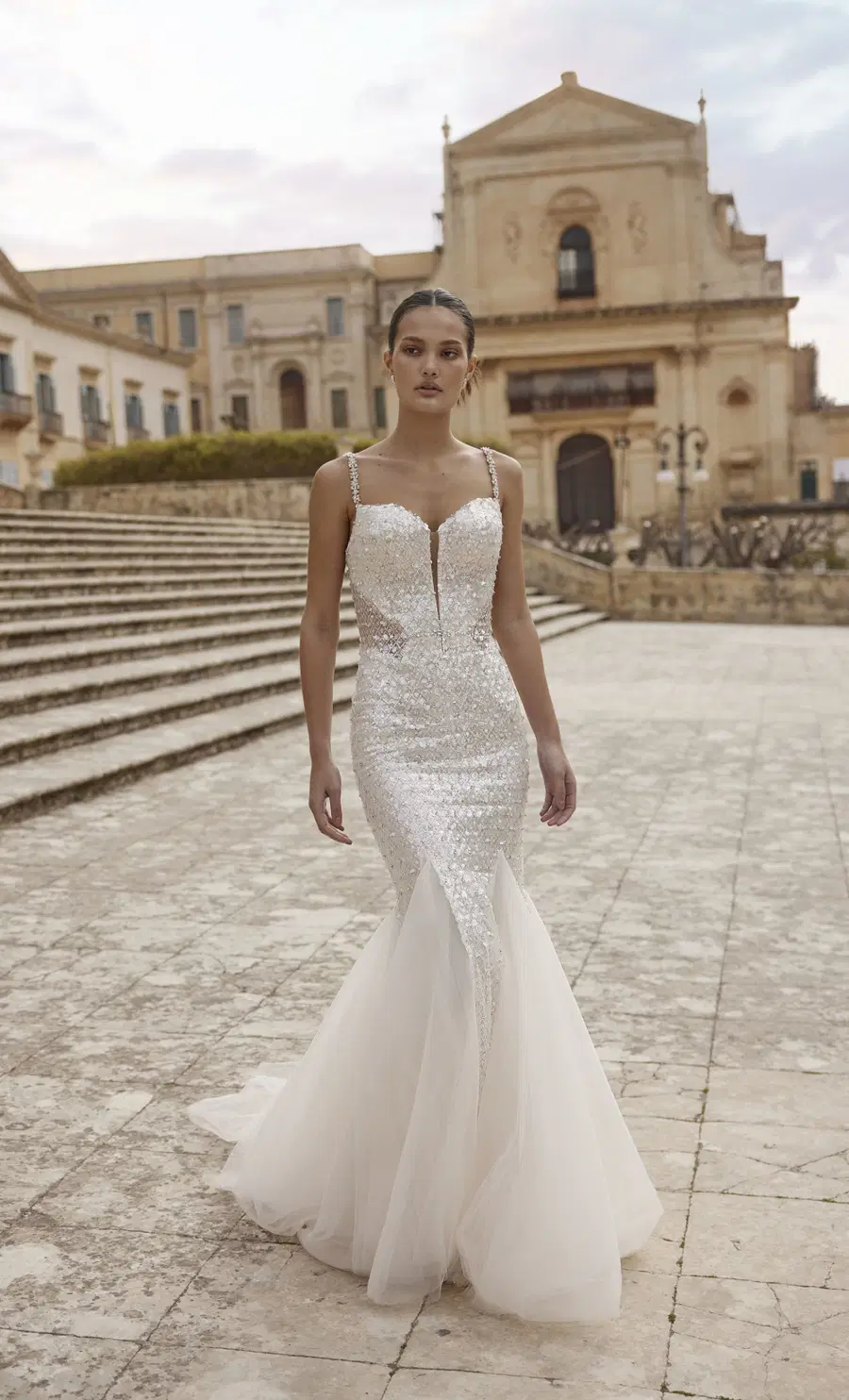 Asti 25-026 by Ricca Sposa: Mermaid silhouette, deep V-neck neckline, sleeveless, lace