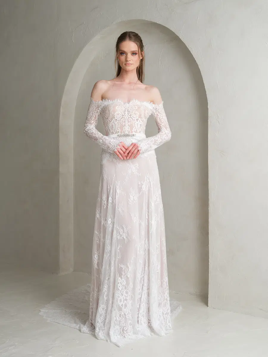 Amara by Katya Katya London: A-Line silhouette, off-shoulder neckline, long sleeves, lace
