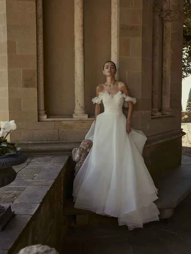 Dempsey by Modeca Bridal: A-Line silhouette, sweetheart neckline, organza, chapel train